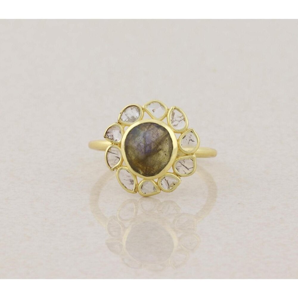 Gold Over Sterling Silver Natural Labradorite Polki Diamond Slice Ring Size 9.5